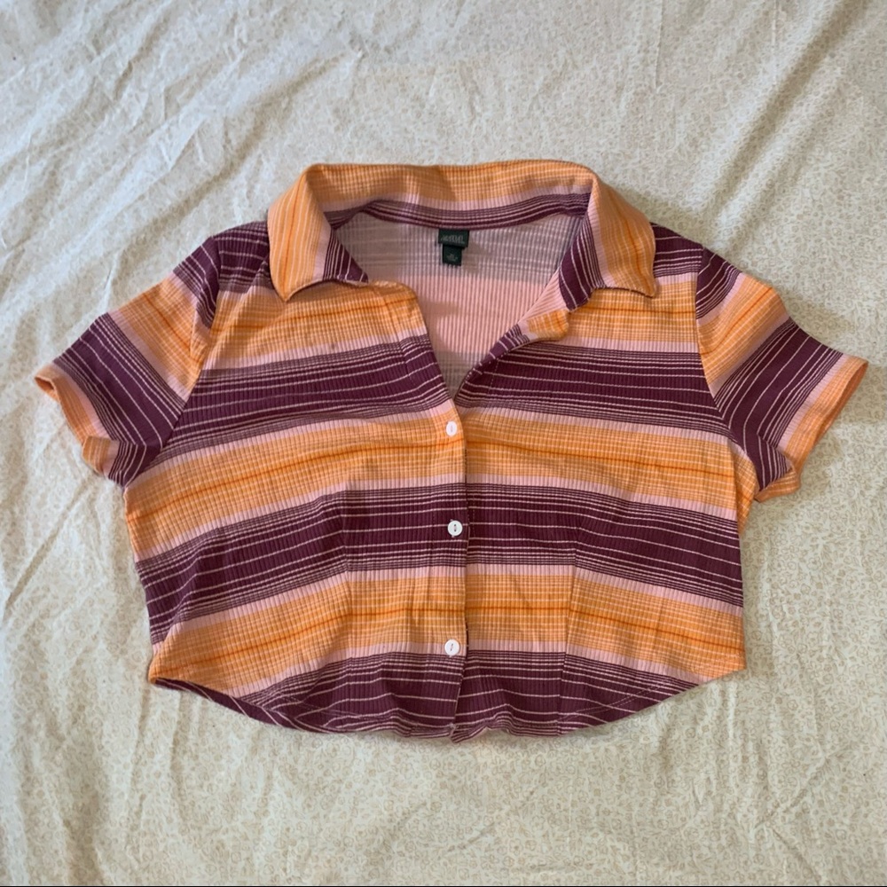 Wild Fable Striped Orange/Purple Polo Crop Top With Rounded Hem